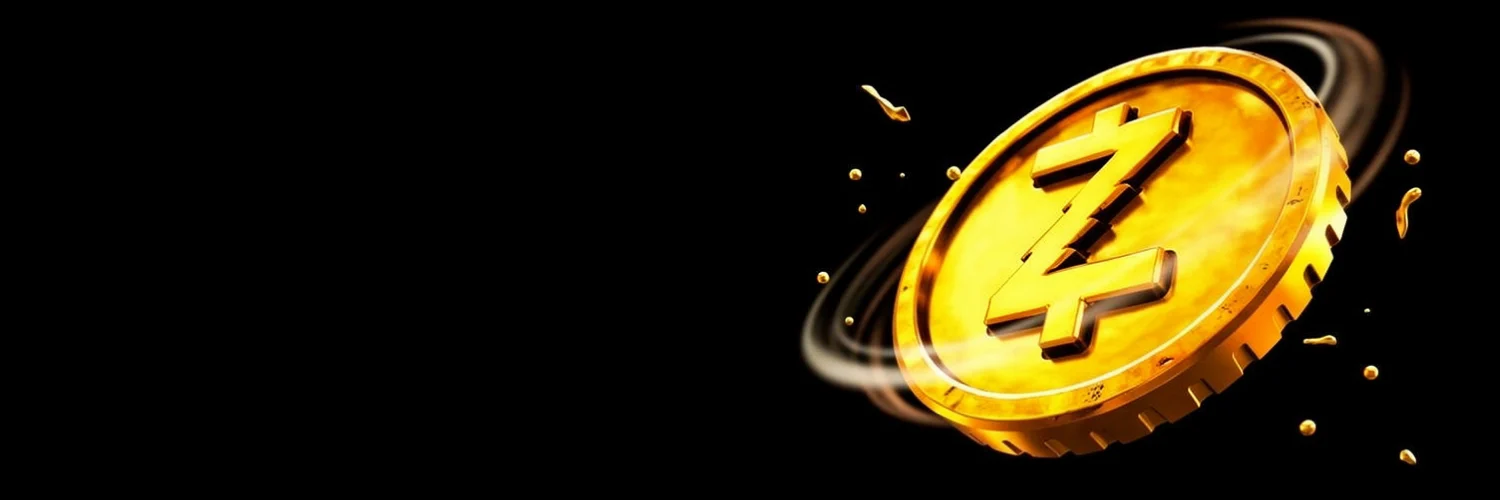 The zigzag zec coin mid-flip, tilted, throwing off gold specks